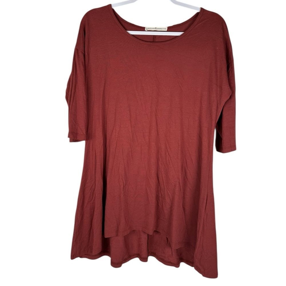 Peruvian Connection Solid Red Half Sleeve Hi-Low Lagenlook Tunic Top Size Medium